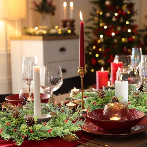 Image of 12 Pcs Artificial Christmas Candle Rings 9 Inch Cedar Pine Garland Wreaths with Red Berries Pinecones Wreaths Pine Needles Candle Ring Holder for Christmas Winter Decorations Table Centerpiece