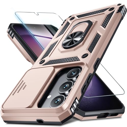 Janmitta Compatible with Samsung Galaxy S25 FE Case Built in Slide Camera Lens Cover+Screen Protector+Finger Ring Holder Kickstand,Heavy Duty Shockproof Full Body Phone Cover,2025 Rose Gold