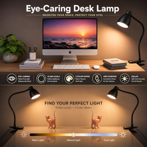 Image of Brolaviya 10W LED Reading Desk light Lamp with USB Powered, 38 LEDs, Gooseneck Clip Metal body, 3 Color Temperature Modes, 10 Dimming Brightness, Eye-Caring, Bedside Light, Workshop, Study lamp, Black