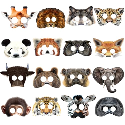 XIABYAYU Máscara de animais, 16 peças máscaras de animais para crianças, máscaras de festa para crianças, máscara para Halloween, Cosplay, Carnaval, festa de aniversário