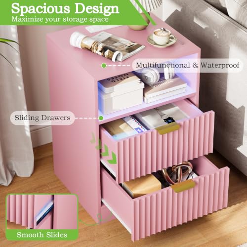 Image of Night Stand Set 2, LED Nightstand with Charging Station, Fluted Nightstands Set of 2 with 2 Drawers, Wood Side Table End & Bedside Tables for Bedroom Sofa Office, Pink