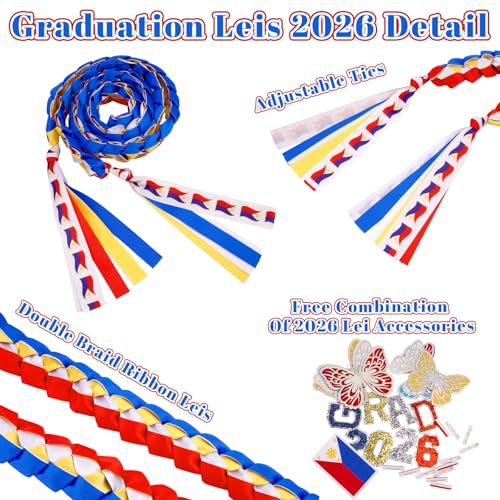 Image of Class of 2026 Philippines Graduation Leis,Double Gold Graduation Lei Ribbon with Butterfly and Pins Accessories,Flowers Congrats Graduates Money Lei Handmade Graduation Gift for Her College