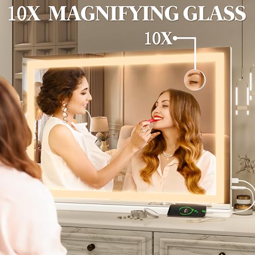 FENNIO Vanity Mirror with Lights 32"x22", Lighted Makeup Mirror, Large Vanity Mirror, Touch Sensor with 3-Color Lighting, USB Charging Port for Vanity Desk（Square White） by FENNIO - Image 7