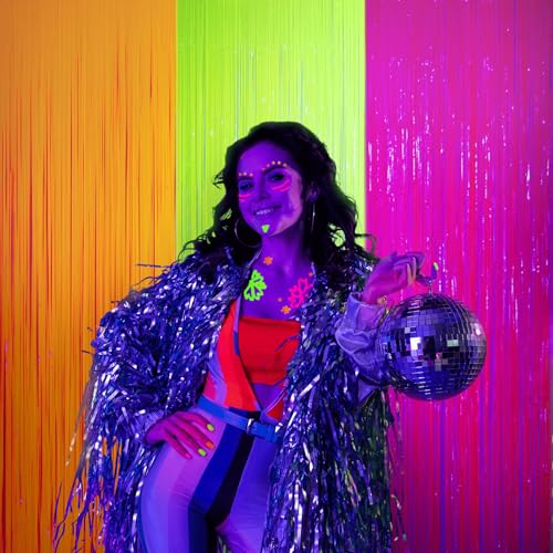Mega-L Glow in The Dark Party Supplies, 3 Pack Neon Party Decorations 9.9 x 6.6 ft Fluorescent Tinsel Foil Fringe Curtains, Neon Backdrop Streamer for 80s Party, Birthday, Weeding, Carnivals, Raves - Thumbnail 7