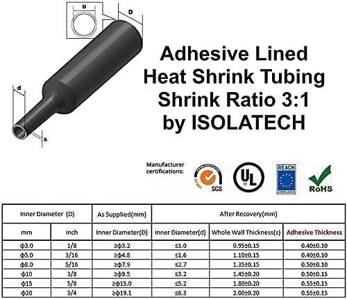 ISOLATECH 531142-1 142-Częściowy Zestaw 3:1 Z Klejem Kurczliwy Wąż O Łącznej Długości 8,3M W Praktycznym Pudełku. Dzięki Warstwie Kleju Na Gorąco Po Wewnętrznej Stronie - Wodoszczelny, Czarny