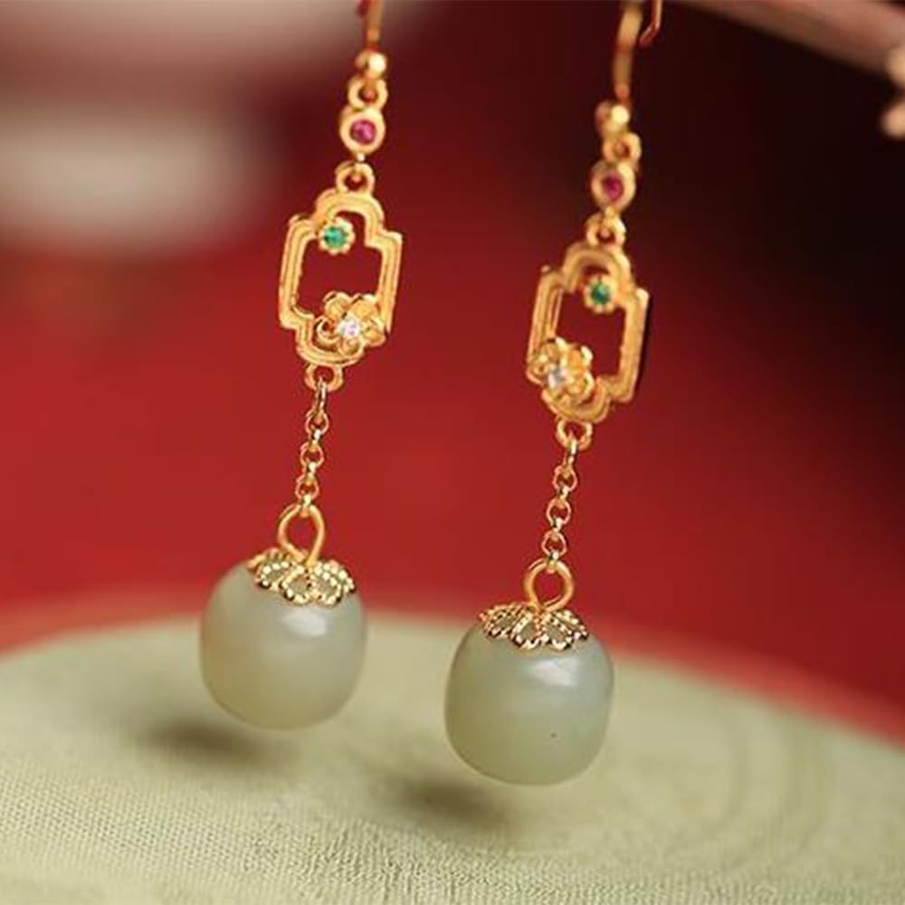 S925 Silver Gold-Plated Natural Hetian Jade and Blue Long Earrings for Women Yoga Genuine