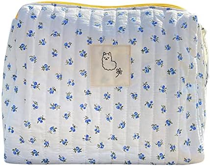 Juoxeepy Cotton Makeup Bag Large Travel Cosmetic Bag Quilted Cosmetic Pouch Coquette Aesthetic Floral Toiletry Bag, A-Beige, 10x5.9x5.3in