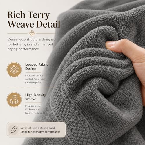 Image of 100% Pure Cotton Bath Towel for Men & Women | 380 GSM Ultra Soft, Highly Absorbent & Quick Dry Bath Towel | Large 55 x 28 Inch Matty Terry Towel for Bathroom, Gym, Travel & Daily Use | Charcoal Grey