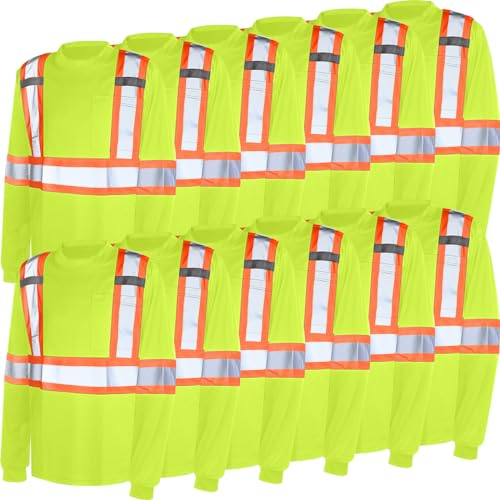 Panitay 12 Pcs Safety Long Sleeve Shirts, Bulk Class 3 Reflective High Visibility Shirts with Pocket Safety Shirt (Fluorescent Green,Large)