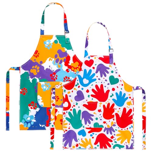 XLSXEXCL 2 Pack Kids Apron, Cute Cooking Aprons, Waterproof Art Apron with Pockets, Toddler Painting Artist Apron for Boys and Girls for Painting Cooking Baking (Rainbow Handprints and Footprints)