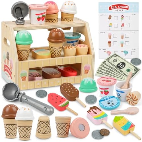 KidMigo Eisdiele Kinder Holz – 36-teiliges Eisladen Spielzeug mit Eisstand, Holz Eisdiele ab 3 Jahre, EIS Spielzeug für Kinder, Kaufladen Zubehör Kinderküche