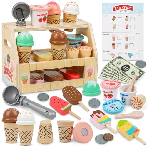 KidMigo Eisdiele Kinder Holz – 36-teiliges Eisladen Spielzeug mit Eisstand, Holz Eisdiele ab 3 Jahre, EIS Spielzeug für Kinder, Kaufladen Zubehör Kinderküche