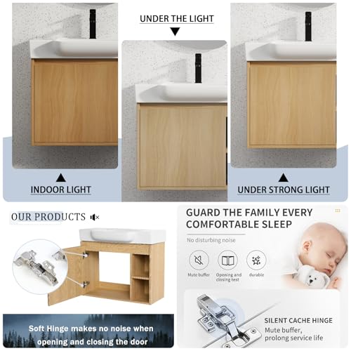 Image of 28 inch Bathroom Vanity with Ceramic Sink, Modern Wall-Mounted Bathroom Vanity with Soft-Close Door & 2 Open Storage Shelves, Farmhouse, Undermount Storage Cabinet, Easy to Clean, Light Oak