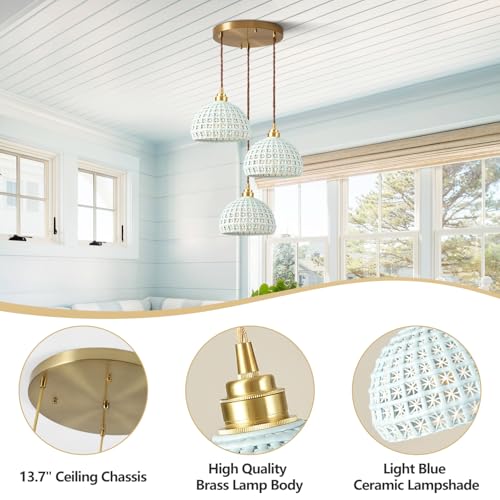 Image of Modern Pendant Light 3-Lights Fixture with Sky Blue Ceramic Shade Brass Vintage Pendant Lighting Industrial Dome Pendant Lamp for Bedroom Kitchen