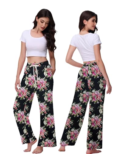 Image of Veseacky Women's Wide Leg Lounge Pants Yoga Pajamas Comfy Stretch Drawstring Pajamas Puls Size Dance Bottoms S-4XL