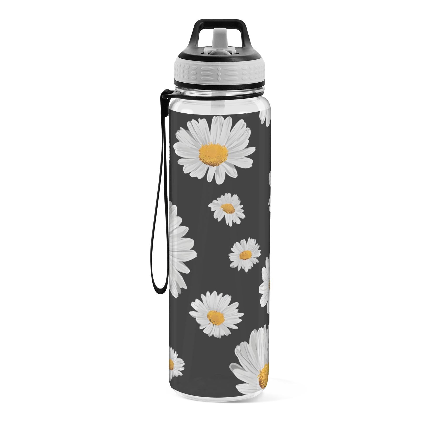 ALAZA Sport-Wasserflasche mit Gänseblümchen-Motiv, schwarzer Hintergrund, mit Strohhalm-Deckel, 900 ml, transparent, BPA-frei, Tritan-Kunststoff, auslaufsichere Krüge, großer Klappverschluss für