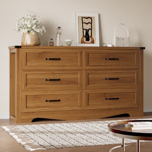 Image of BORNOON 6-Drawer Dresser for Bedroom, Modern Wooden Chest of Drawers with Metal Handles, Anti-Tipping Design, Sturdy and Stable Storage Organizer for Living Room, Entryway, Home Office