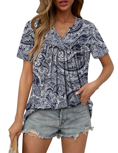 KISSMODA Tops for Womens Summer Cute Short Sleeve Shirts Trendy Notched Neck Blouses Casual Loose Pleated Tunics S-3Xl