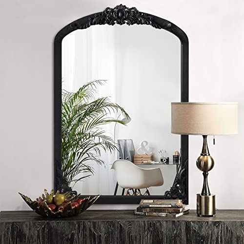 NeuType Gewölbter Wandspiegel, Vintage, geschnitzter Spiegel, Massivholzrahmen, Wandspiegel für Heimdekoration, Badezimmer, Eingänge, Wohnzimmer, Ankleidespiegel, schwarz, 91,4 x 61 cm Cover