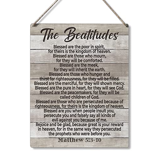 Inspirational Bible Gift Signs the Beatitudes Blessed are the Poor in Spirit for Theirs is the Kingdom of Heaven Wooden Hanging Sign Religious Scripture Art Wall Home Decoration 10 x 8 Inches