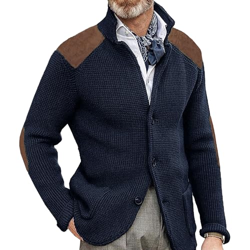 Image of Men's Single Breasted Cardigan Jacket Casual Fashion Lapel Sweater Long Sleeve Slim Fit Knitted Sweater, Navy Blue B2, L