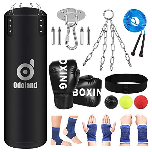 Odoland 10-in-1 Punching Bag Unfilled Set for Youth Kids, 2.6FT Kick Boxing Heavy Bag, 6OZ Boxing Punching Gloves, 3-Balls Reflex Ball Set, Hand Wrist Ankle Sleeves for Karate, Muay Thai, MMA Training