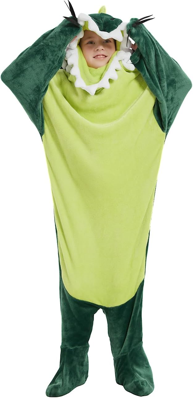 NAFLEAP Wearable Blanket Hoodie kids Shark Dinosaur Onesie Costume Gifts for Girls, Dinosaur green, 140 - Image 5