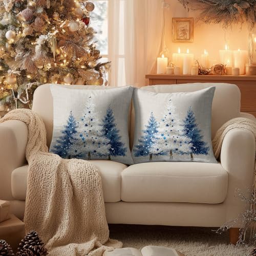 HOMETITUTE Set of 2 Christmas Blue Tree Throw Pillow Covers 18x18 Inch