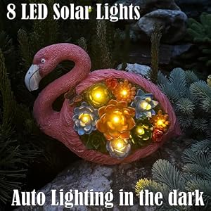 Mood Lab Garden Decor Flamingo Statue 9 Inch Width Solar Figurine 8 LED Solar Lights in Succulent Flowers Yard Patio Lawn Indoor Outdoor Decoration