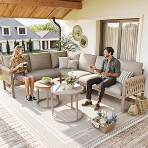 ZIDEY Gartenlounge-Set mit verstellbare Beine, Gartensofa-Set für 5-6 Personen, Outdoor-modular Sofa mit Couchtisch, Gartenmöbel-Set, Loungemöbel, Balkonset, wetterfest, Beige