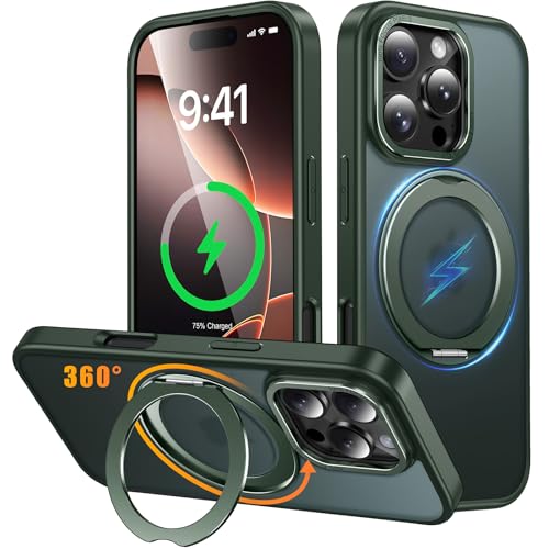 iPhone 16 Pro Max 用 ケース Magsafe対応 ワイヤレス充電 360°回転スタンド 縦横両対応 Gunwon スマホケース iphone16 Pro Max 用 米軍規格 耐衝撃 半透明 マット感 マグセーフ 防指紋 リング マグネット搭載 アイフォン16プロマックス 用 カバー「グリーン」