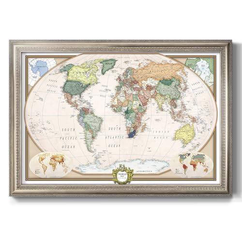 Renditions Gallery Colorful World Map Canvas Wall Art with Vintage Silver Frame Wall Hanging Travel Map with Push Pins for Home, Office, Classroom