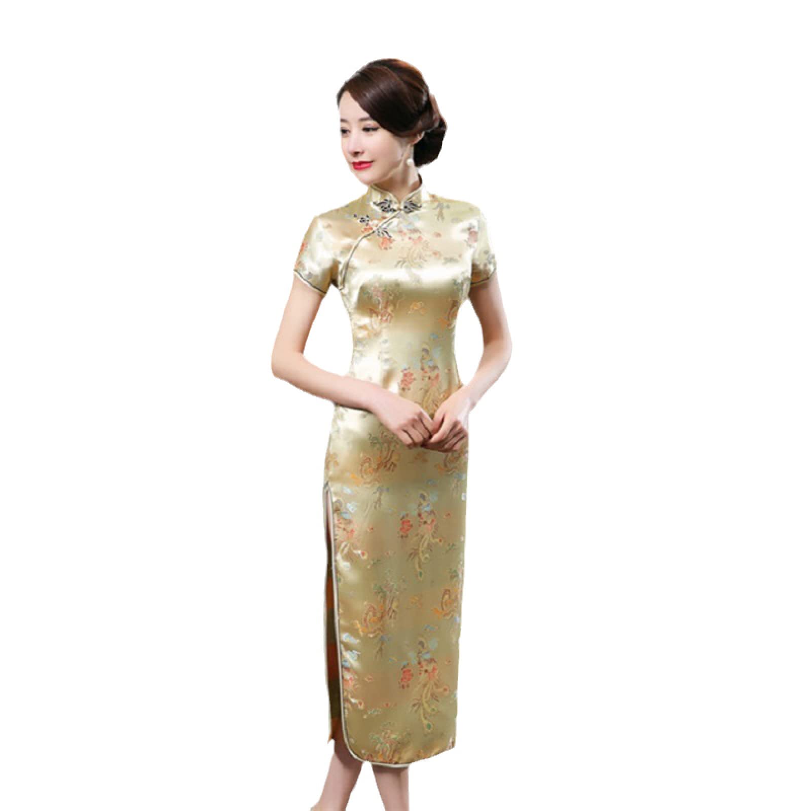 YAROVA Vestito da Cinese Donna -Abbigliamento Tradizionale Cinese Slim Cheongsam Estate Manica Corta Party Matrimonio Qipao Donna Ricamo Elegante Retro Split Long Dress