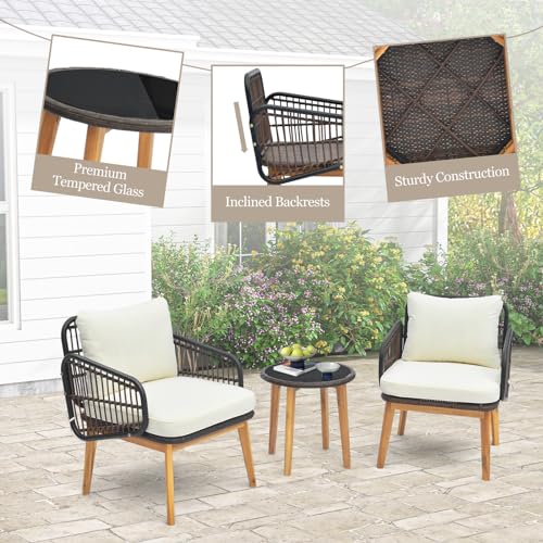 GIANTEX 3 TLG. Gartenmöbel Set, Balkon Terrassenmöbel Polyrattan, Balkontisch Bistrotisch mit Glasplatte, Balkon Möbel Loungemöbel 2 Korbstühlen inkl. Kissen, Balkonset Garten Sitzgruppe Sitzgarnitur – Bild 4