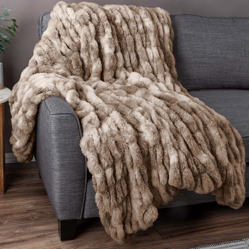 Image of Lavish Home Oversized Ruched Faux Fur Blanket - 60x80-Inch Plush Polyester Faux Fur Queen-Size Throw for Sofas and Beds - Luxurious Bedding (Taupe)
