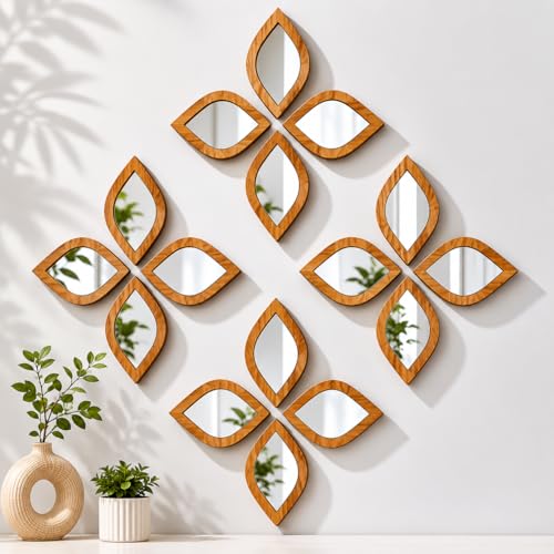 Leaf Shape Decorative Mirror Wall Decor, Set of 16, for Living Ro...