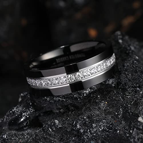 King Will Mens 8mm Black Polished Finish Tungsten Carbide Ring Cubic Zircon Stones Flat Style Wedding Band(9.5) - Image 3