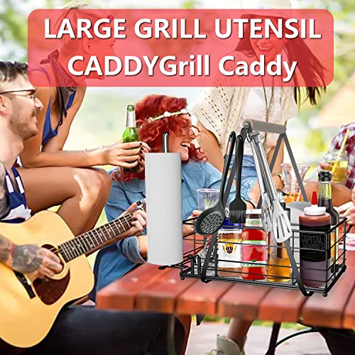Picnic Caddy BBQ Utensil Caddy for Outdoor Grill Camping for Plate Cutlery CompartmentStorage with 3 Hooks Kitchenn Barbecue Accessories RV Patio Tailgate EssentialsEasy Carry Grilling Gifts for Men