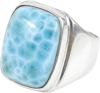 JBK 925 Sterling Silver Larimar Ring for Men & Women Natural Blue Larimar Gemstone Ring Handmade Cushion Cabochon Statement Ring Polished Silver Band Artisan Jewelry