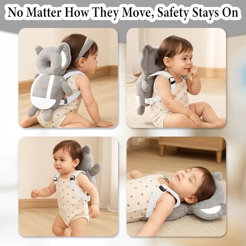 Image of GLUN Baby Head Protector Backpack, Pack of 1 Cute Elephant Soft Cushioning, Adjustable Shoulder Belt, Head Protection Back for 6-18 Month Toddler Kids
