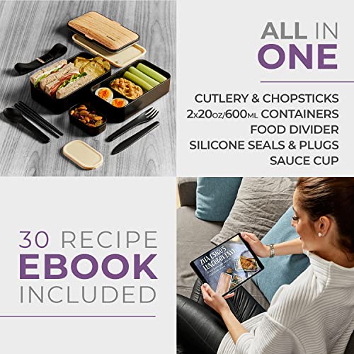 Premium Bento Lunch Box In 8 Modern Colors, 2 Compartments, Leak-Proof, Includes Sauce Container, Divider, Cutlery & Chopsticks, 40Oz Japanese Bento Box For Adults & Kids, Microwave-& Dishwasher-Safe #TOP4