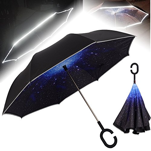 NEWBRELLAs Inverted Wet Drip Free Vehicle Reflective Safety Car Umbrella (Night Light Star Sky)