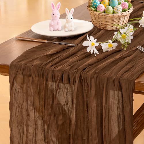 Image of Socomi Brown Coffee Cheesecloth Table Runner Easter Spring Boho Rustic Gauze 120 inch 10FT Cheese Cloth Runner for Wedding Party Baby Shower Birthday Home Decor Holiday Decorations