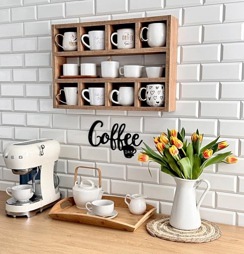 Image of Hamdan Collection Wall Mounted Mug Shelf - Coffee Cup Storage - Kitchen Wall Rack - Floating Cup Organizer - Rustic Coffee Bar Shelf (9 Comp)