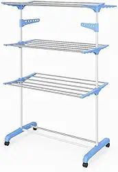 Varal de Chão Organizador de Roupas, Vertical, Dobrável, 3 Andares com Rodas e Suporte para Cabides