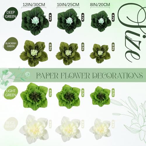 Image of Cholemy 24 Pcs Tissue Paper Flowers, Crepe Paper Flowers Decorations 8 inch 10 inch 12 inch for Wedding Party Baby Bridal Shower Carnival Party Birthday Nursery Wall Decor (Green Series)