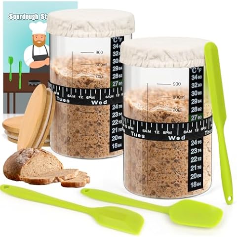 2 Packs Sourdough Starter Kit with 32 Oz Glass Jar, Sourdough Starter Jar Kit with Thermometer, Feeding Date Band, Silicone Tool, Reusable Sourdough Baking Supplies for Beginner Making Sourdough Bread Cover