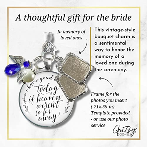 Image of Bouquet Photo Charm Wedding Memory Something Blue Angel - I Know You'd Be Here If Heaven Honor Love One, Silver Finish Handmade Bridal Jewelry White Glass Pendant 2 Frames Gift Message & Box for Bride