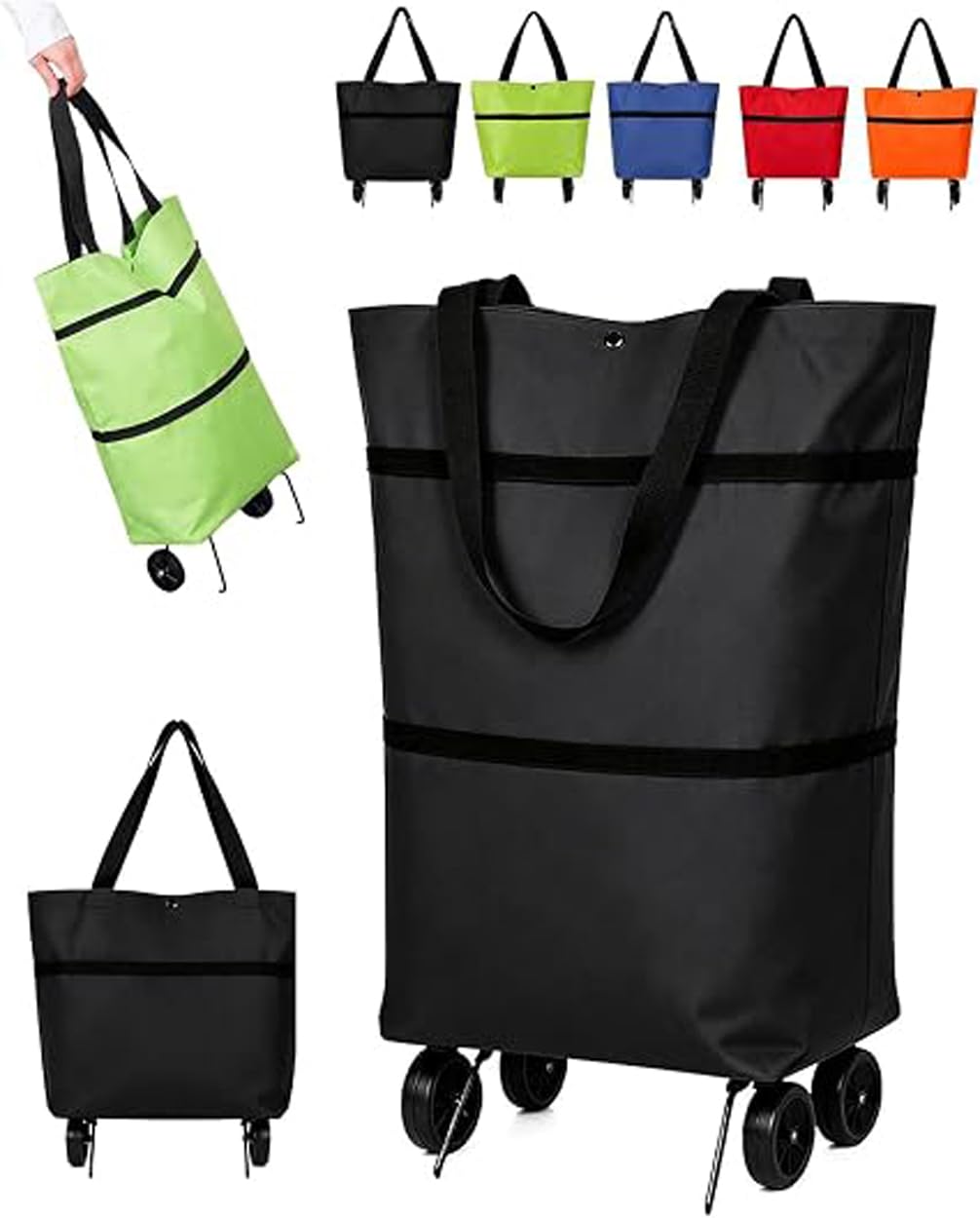2-in-1 Foldable Shopping Cart Bag with Wheels Lightweight Grocery Trolley
