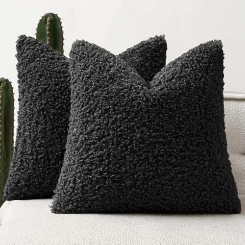 Woaboy Faux Fur Throw Pillow Covers 18x18 Inch Set of 2 Boucle Neutral Decorative Sherpa Fuzzy Accent Soft Sheepskin Fleece Cushions Modern Home Decor for Couch Sofa Bedroom Living Room,Black by Woaboy - Used condition - US$20.17